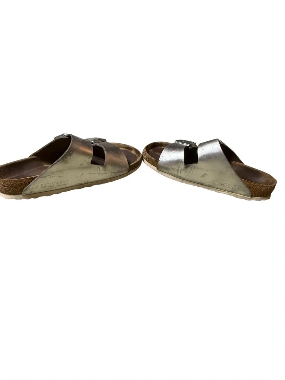 Birkenstock Arizona Silver Metallic Leather Double Strap Sandals Women 37